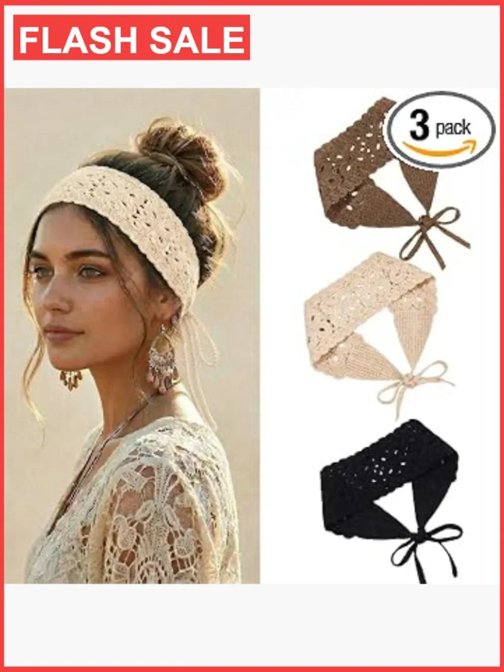 3Pcs Boho Crochet Knit Headbands for Women Tie Back Hair Bands